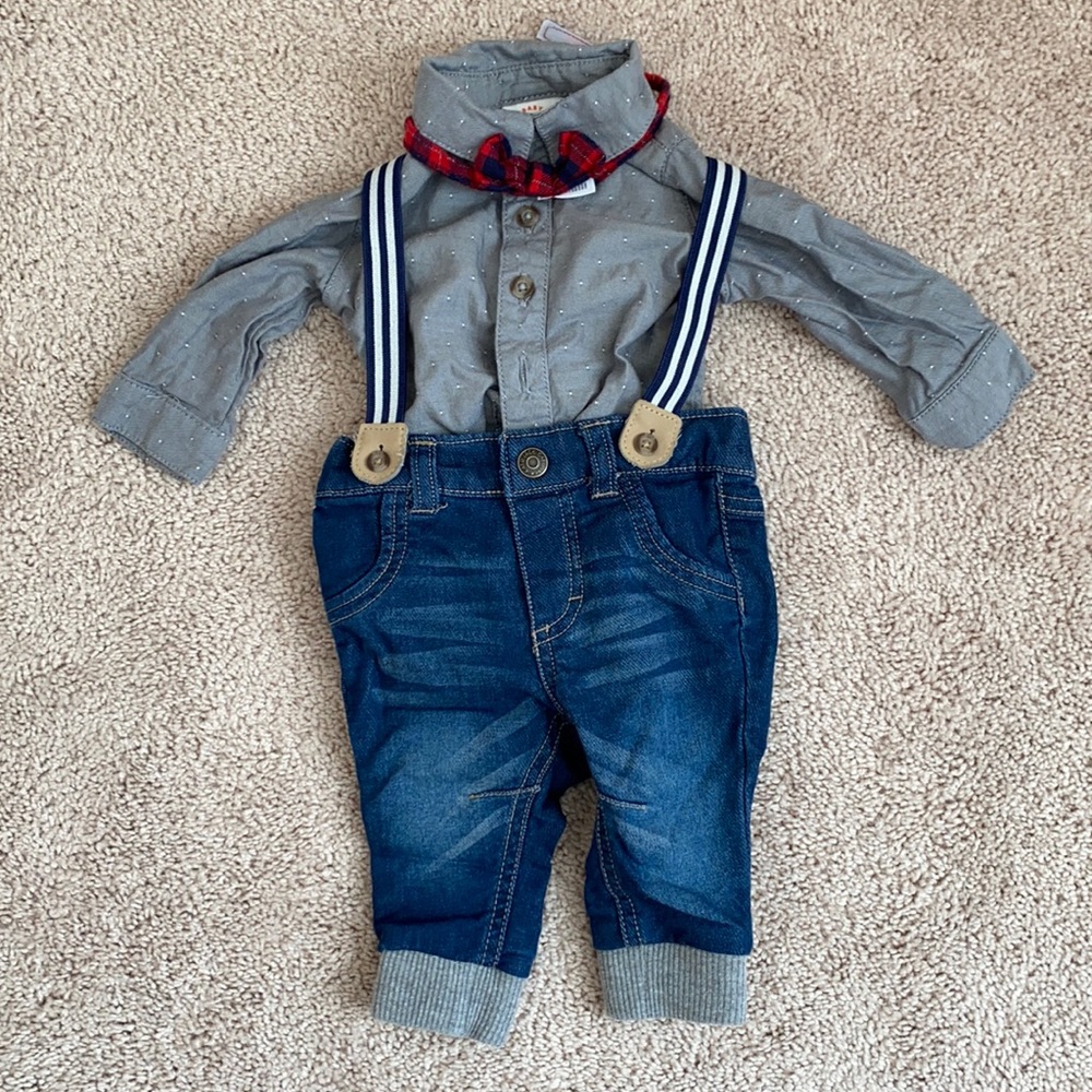 Handsome button down and overalls with bow tie